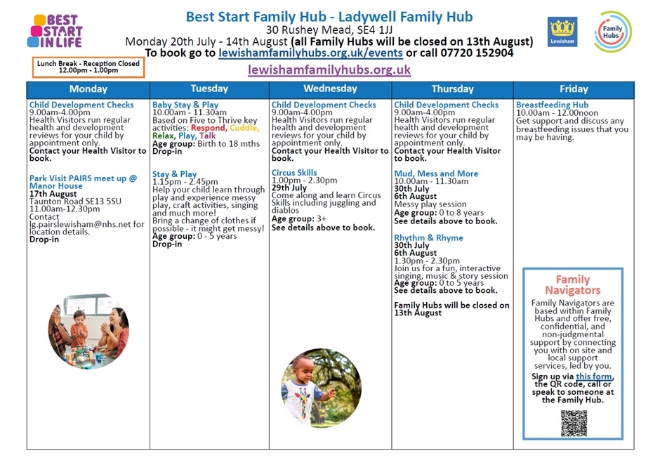 Summer timetable of Ladywell Family Hub 2026.