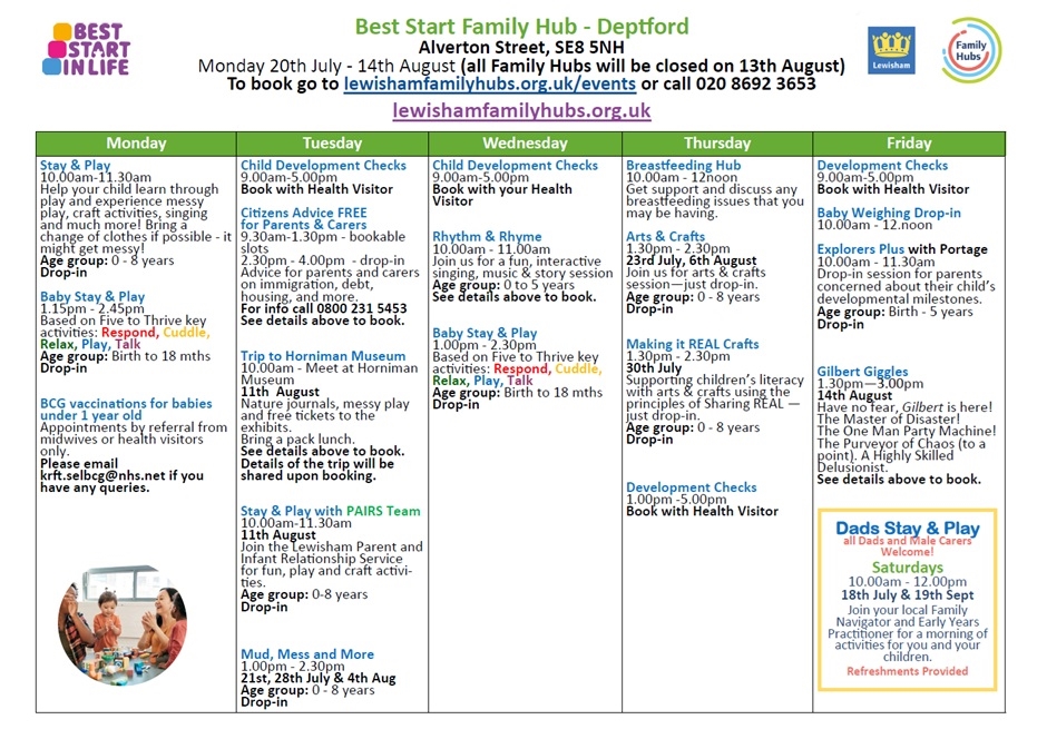 Summer timetable of Deptford Family Hub 2026.