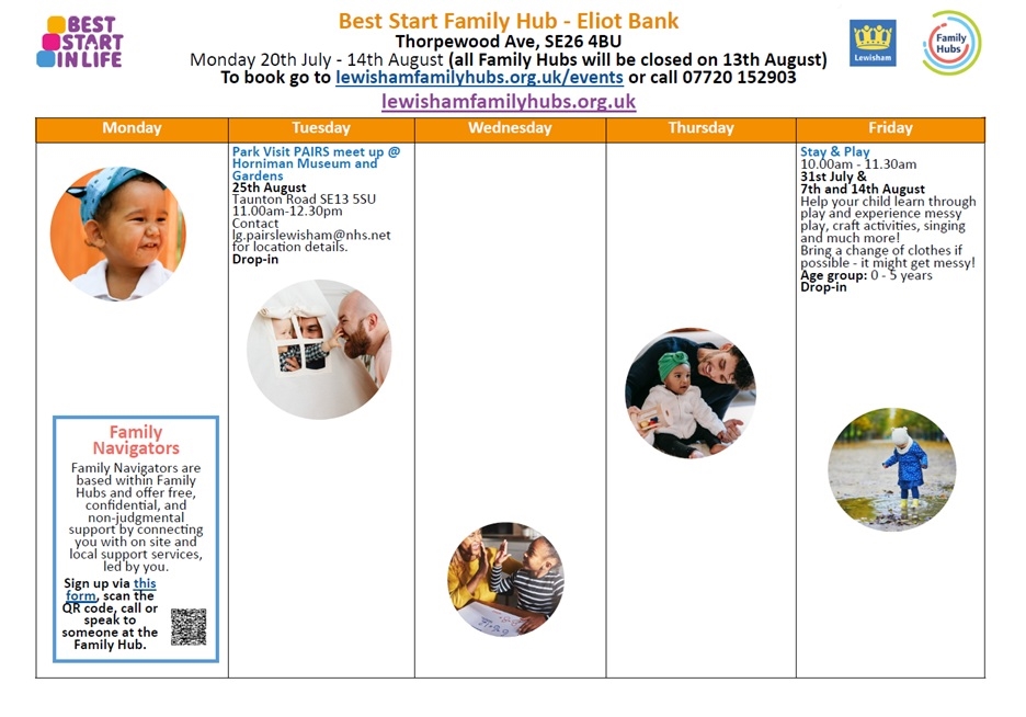 Summer timetable of Eliot Bank Family Hub 2026.